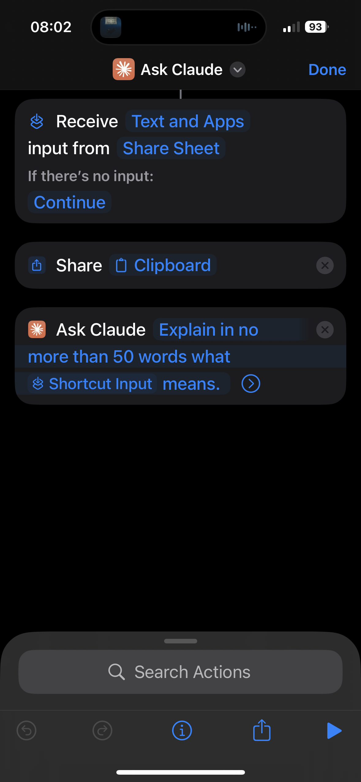 Screenshot of iOS Shortcut using Claude