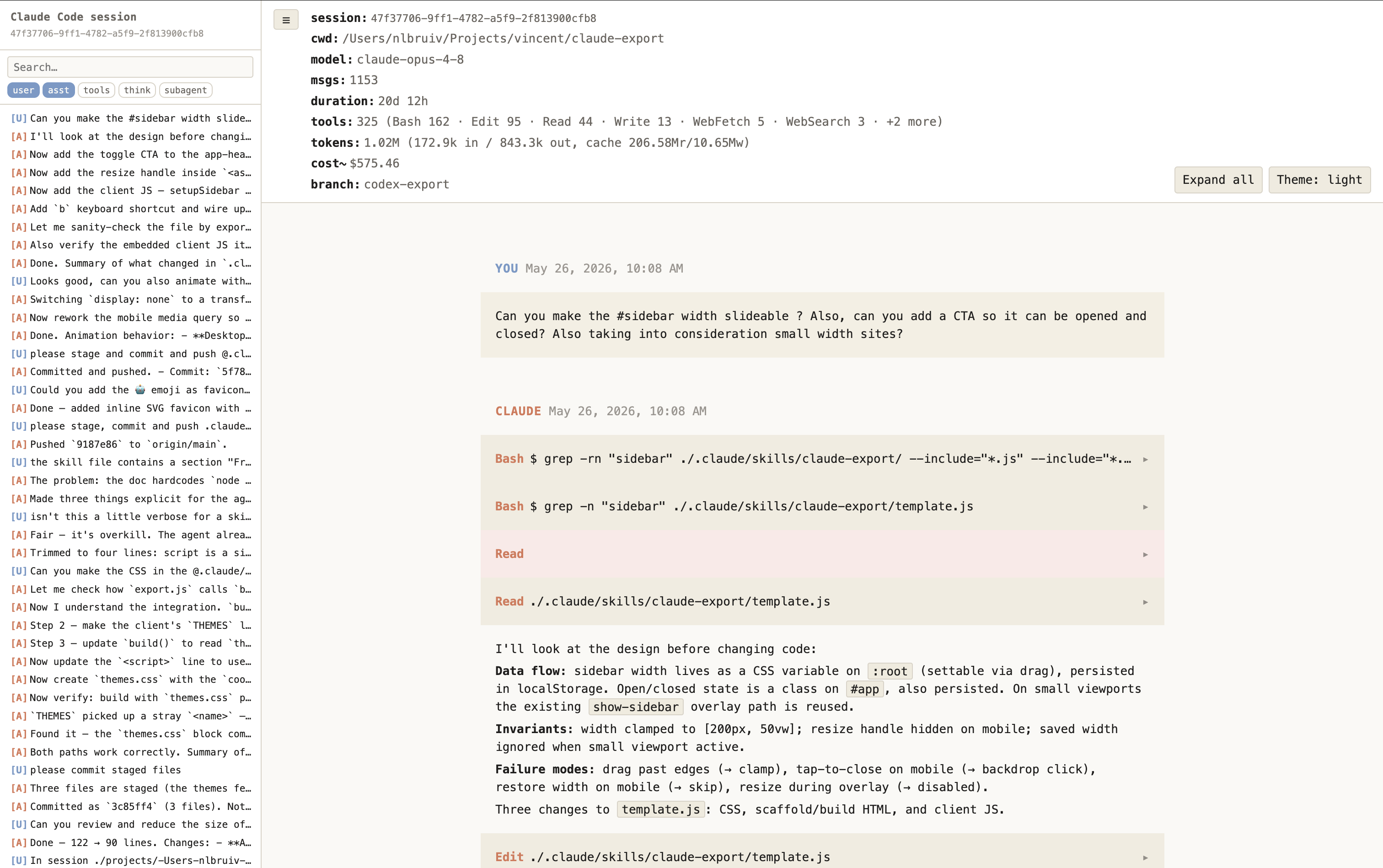 A session exported to a single self-contained HTML file
